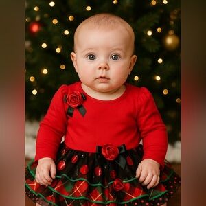 🎄 Bonnie Baby Red Christmas Tutu Dress 3–6M | Plaid & Polka Dot Holiday Outfit